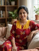 Comfortable Churidar Model Cotton Nighty with Buttons, Hakoba Yoke, 3/4th Sleeves - 55 Inches Long - Red