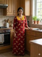 Comfortable Churidar Model Cotton Nighty with Buttons, Hakoba Yoke, 3/4th Sleeves - 55 Inches Long - Red - Image 2