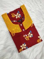Comfortable Churidar Model Cotton Nighty with Buttons, Hakoba Yoke, 3/4th Sleeves - 55 Inches Long - Red - Image 3