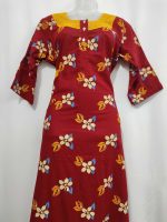 Comfortable Churidar Model Cotton Nighty with Buttons, Hakoba Yoke, 3/4th Sleeves - 55 Inches Long - Red - Image 4