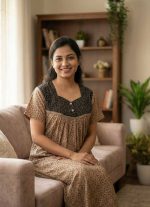 Front Open Cotton Nighty With Buttons, 55 Inches Long, Square Neck - Cream