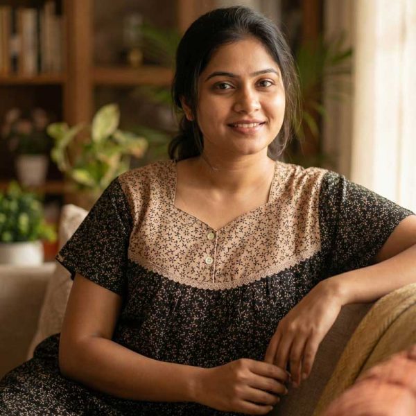 Front Open Cotton Nighty With Buttons, 55 Inches Long, Square Neck - Black