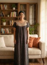 Front Open Cotton Nighty With Buttons, 55 Inches Long, Square Neck - Black - Image 2