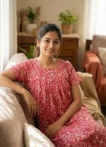 Traditional cotton nighty, Thali detailing on neck, 55 Inches Length - Peach