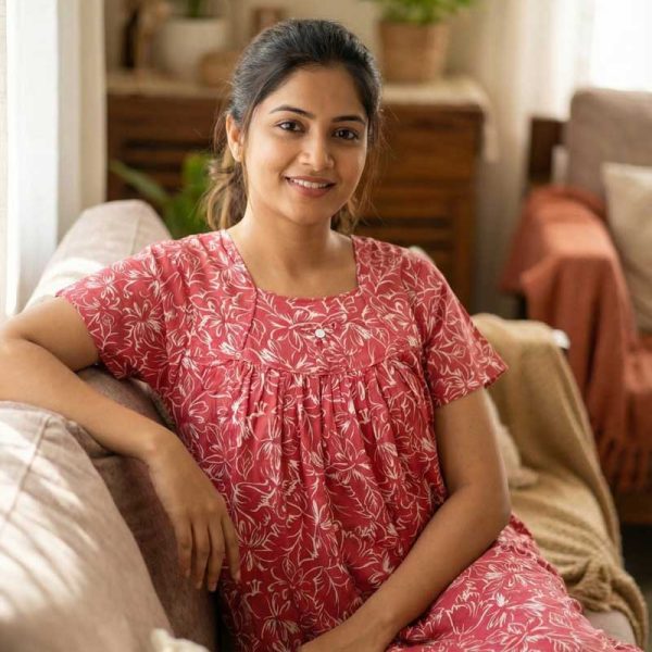 Traditional cotton nighty, Thali detailing on neck, 55 Inches Length - Peach