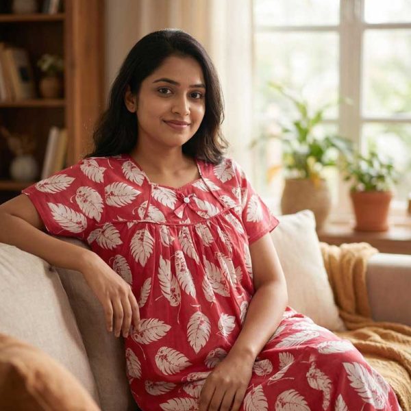 Traditional cotton nighty, Thali detailing on neck, 55 Inches Length - Peach