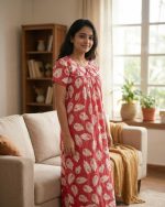 Traditional cotton nighty, Thali detailing on neck, 55 Inches Length - Peach - Image 2