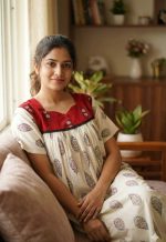 Front Open Cotton Nighty With Buttons, 55 Inches Long, Cream + Red colour