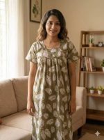 Traditional cotton nighty, Thali detailing on neck, 55 Inches Length - Olive green colour - Image 2