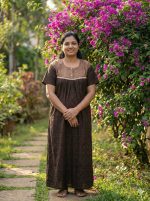 Comfortable Front Open Cotton Nighty With Buttons - 57 Inches long - Coffee Brown - Image 2