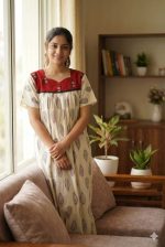 Front Open Cotton Nighty With Buttons, 55 Inches Long, Cream + Red colour - Image 2