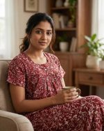 Traditional cotton nighty, Thali detailing on neck, 55 Inches Length - Maroon colour