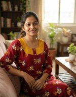 Comfortable Churidar Model Cotton Nighty with Buttons, Hakoba Yoke, 3/4th Sleeves - 55 Inches Long - Maroon