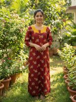 Comfortable Churidar Model Cotton Nighty with Buttons, Hakoba Yoke, 3/4th Sleeves - 55 Inches Long - Maroon - Image 2