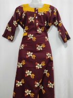 Comfortable Churidar Model Cotton Nighty with Buttons, Hakoba Yoke, 3/4th Sleeves - 55 Inches Long - Maroon - Image 4