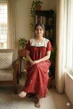 Front Open Cotton Nighty With Buttons, 55 Inches Long, Red + Cream colour - Image 2