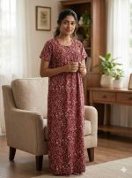 Traditional cotton nighty, Thali detailing on neck, 55 Inches Length - Maroon colour - Image 2