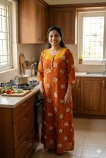 Comfortable Churidar Model Cotton Nighty with Buttons, Hakoba Yoke, 3/4th Sleeves - 55 Inches Long - Orange - Image 2