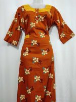 Comfortable Churidar Model Cotton Nighty with Buttons, Hakoba Yoke, 3/4th Sleeves - 55 Inches Long - Orange - Image 4