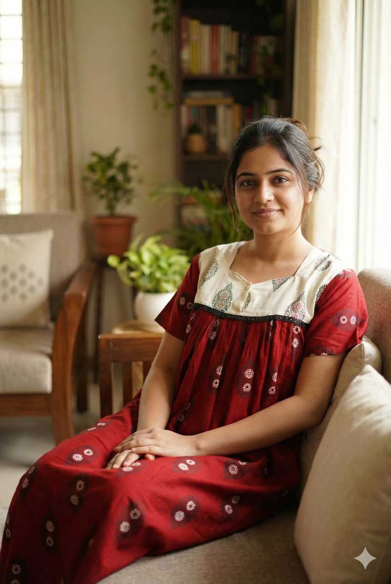 17 Front Open Cotton Nighty With Buttons, 55 Inches Long, Red + Cream colour - Image 1