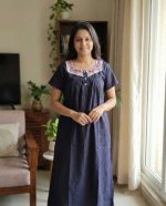 Front Open Cotton Nighty With Embroidary Neck, 55 Inches Long - Blue - Image 2