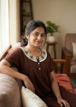 Front Open Cotton Nighty With Embroidary Neck, 55 Inches Long - Coffee Brown