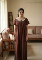 Front Open Cotton Nighty With Embroidary Neck, 55 Inches Long - Coffee Brown - Image 2