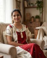 Comfortable Churidar Model Cotton Nighty - 55 Inches Long - Red + Cream