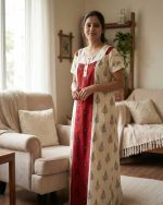 Comfortable Churidar Model Cotton Nighty - 55 Inches Long - Red + Cream - Image 2