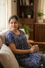 Traditional cotton nighty, Thali detailing on neck, 55 Inches Length - Blue colour