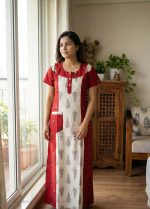 Comfortable Churidar Model Cotton Nighty - 55 Inches Long - Red - Image 2