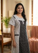 Comfortable Churidar Model Cotton Nighty - 55 Inches Long - Black + White - Image 2