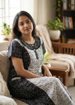 Comfortable Churidar Model Cotton Nighty - 55 Inches Long - Black + White