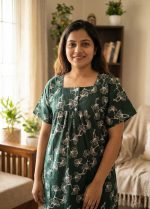 Comfortable Front Open Cotton Nighty With Buttons- 57 inches long - Green - Image 2
