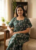 Comfortable Front Open Cotton Nighty With Buttons- 57 inches long - Green