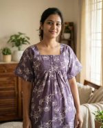 Comfortable Front Open Cotton Nighty With Buttons- 57 inches long -Light Purple - Image 2