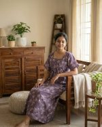 Comfortable Front Open Cotton Nighty With Buttons- 57 inches long -Light Purple