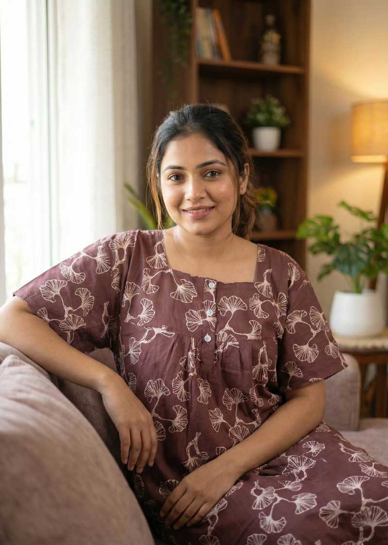 17-27 Comfortable Front Open Cotton Nighty With Buttons- 57 inches long - Image 1