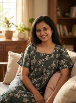 Comfortable Front Open Cotton Nighty With Buttons- 57 inches long - Dark Green