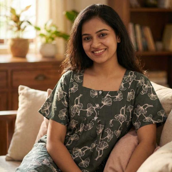 Comfortable Front Open Cotton Nighty With Buttons- 57 inches long - Dark Green