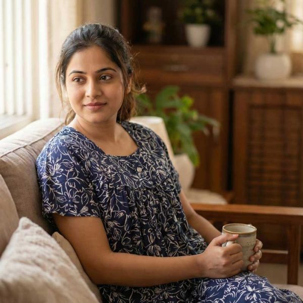 Traditional cotton nighty, Thali detailing on neck, 55 Inches Length - Blue colour