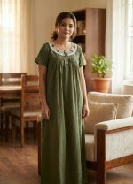 Front Open Cotton Nighty With Embroidary Neck, 55 Inches Long - Pista Green - Image 2