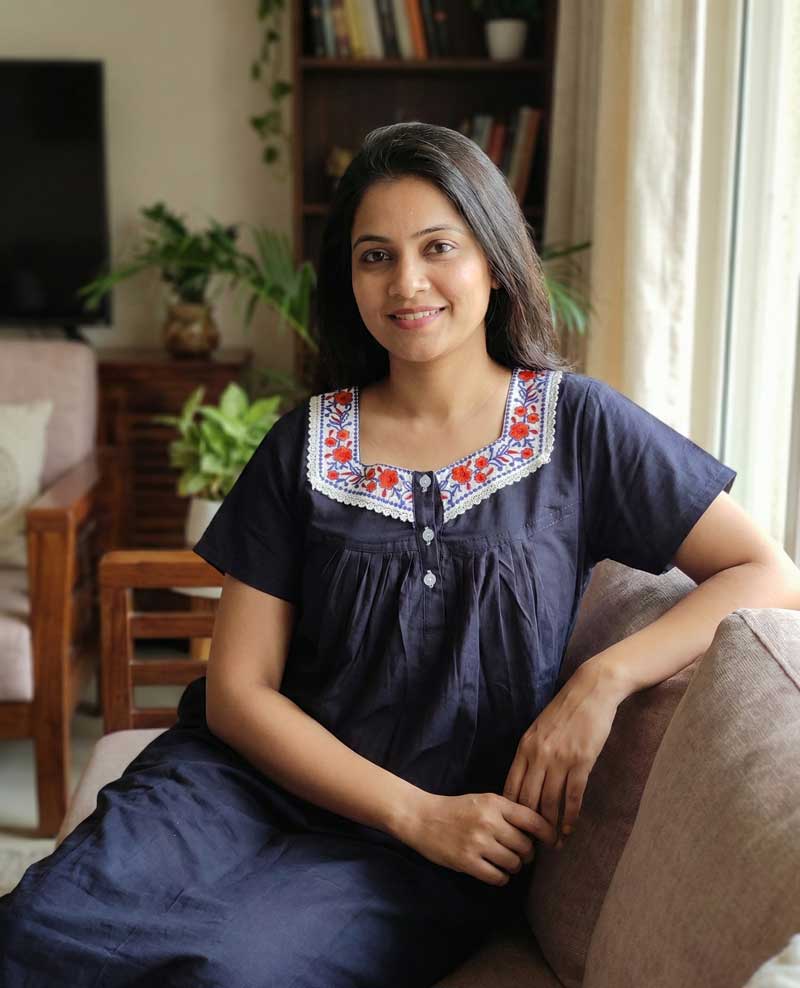 17-9 Front Open Cotton Nighty With Embroidary Neck, 55 Inches Long - Blue - Image 1