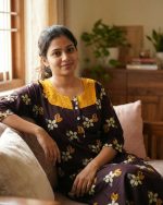 Comfortable Churidar Model Cotton Nighty with Buttons, Hakoba Yoke, 3/4th Sleeves - 55 Inches Long - Brown