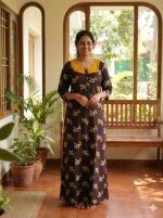 Comfortable Churidar Model Cotton Nighty with Buttons, Hakoba Yoke, 3/4th Sleeves - 55 Inches Long - Brown - Image 2