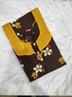 Comfortable Churidar Model Cotton Nighty with Buttons, Hakoba Yoke, 3/4th Sleeves - 55 Inches Long - Brown - Image 3