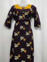 Comfortable Churidar Model Cotton Nighty with Buttons, Hakoba Yoke, 3/4th Sleeves - 55 Inches Long - Brown - Image 4