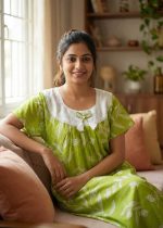 Comfortable Cotton Nighty With Hakoba Round Neck - 55 Inches Long - Green