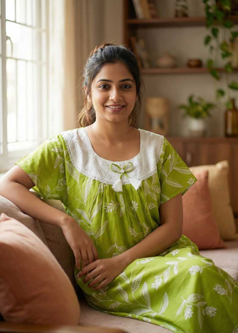 1768675155372 Comfortable Cotton Nighty With Hakoba Round Neck - 55 Inches Long - Green - Image 1