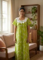 Comfortable Cotton Nighty With Hakoba Round Neck - 55 Inches Long - Green - Image 2